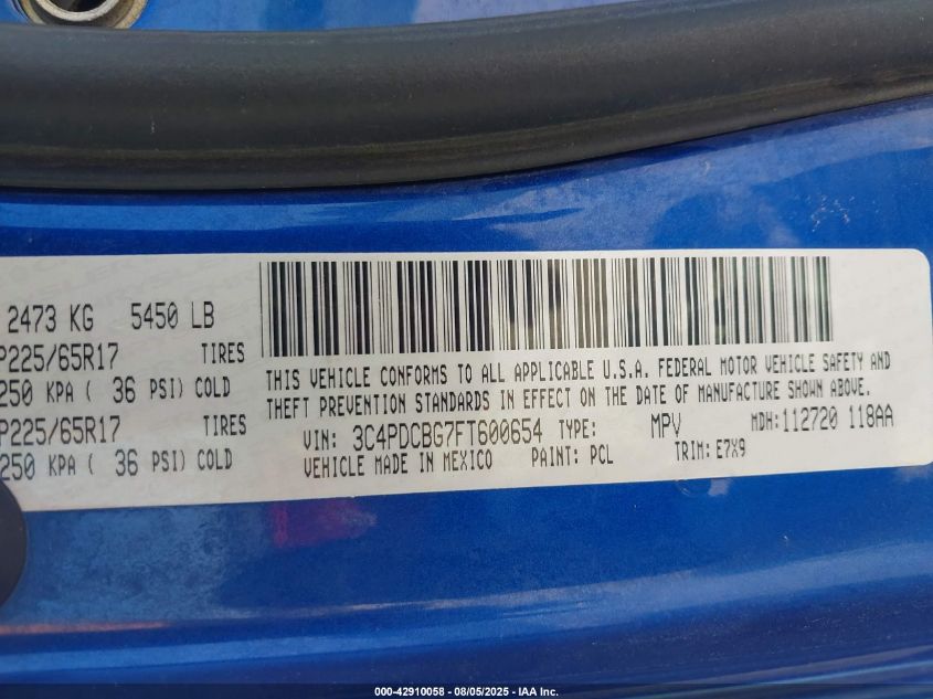 2015 Dodge Journey Sxt VIN: 3C4PDCBG7FT600654 Lot: 42910058