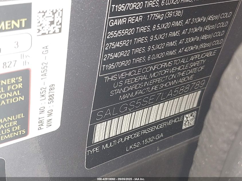 2020 Land Rover Range Rover Supercharged VIN: SALGS5SE7LA588789 Lot: 42910060