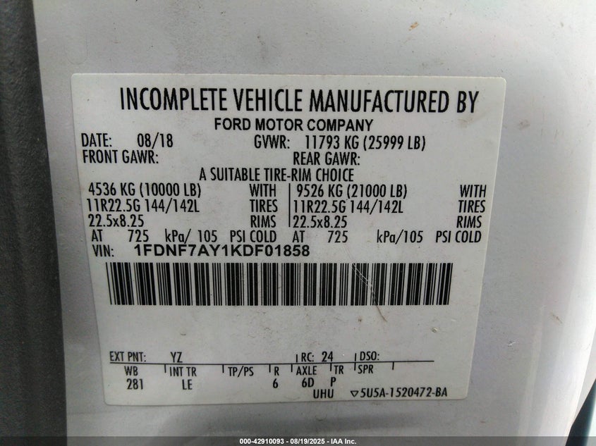 1FDNF7AY1KDF01858 2019 FORD  photo no. 8