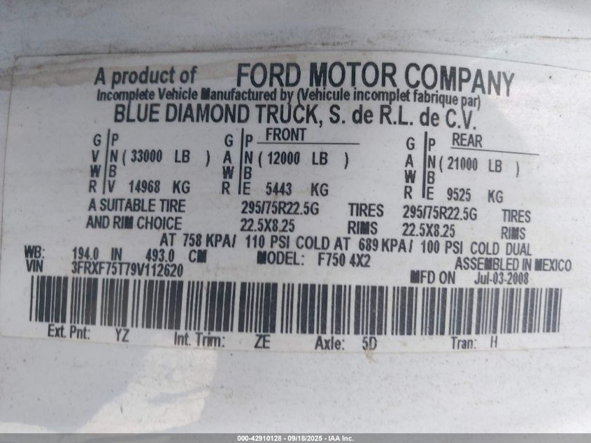 2009 Ford F-750 Xl/Xlt VIN: 3FRXF75T79V112620 Lot: 42910128