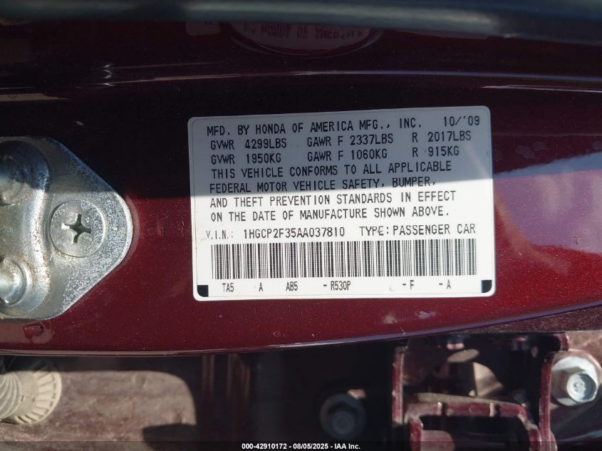 2010 Honda Accord 2.4 Lx VIN: 1HGCP2F35AA037810 Lot: 42910172
