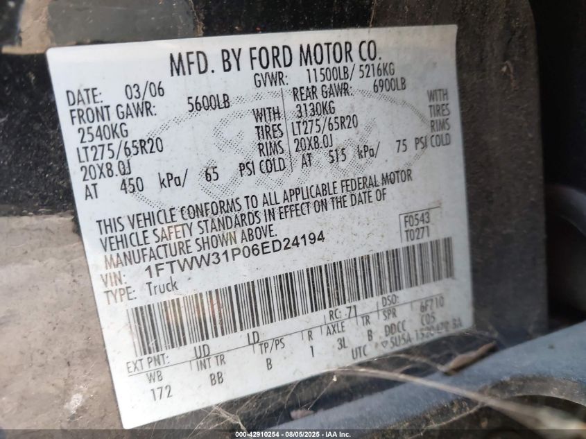 2006 Ford F350 Lariat/Xl/Xlt VIN: 1FTWW31P06ED241 Lot: 42910254