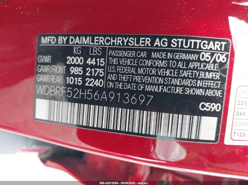 2006 Mercedes-Benz C 230 Sport VIN: WDBRF52H56A913697 Lot: 42910266