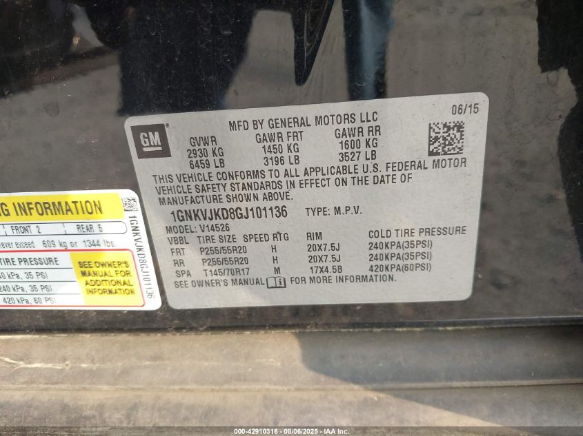 2016 Chevrolet Traverse Ltz VIN: 1GNKVJKD8GJ101136 Lot: 42910316