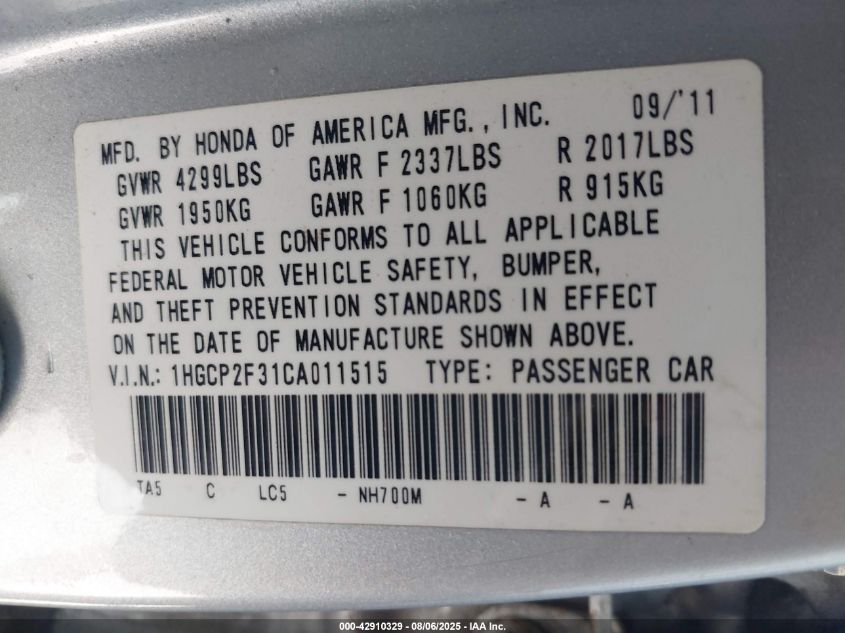 2012 Honda Accord 2.4 Lx VIN: 1HGCP2F31CA011515 Lot: 42910329