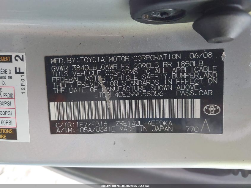 2009 Toyota Corolla Le VIN: JTDBL40E299058056 Lot: 42910478