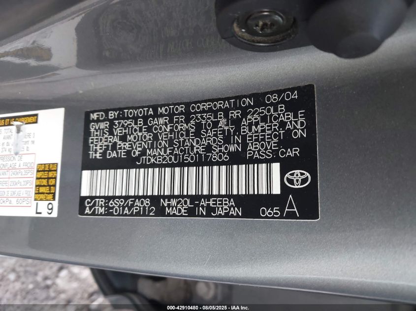 2005 Toyota Prius VIN: JTDKB20U150117806 Lot: 42910480