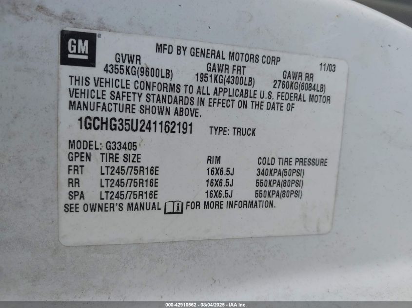 2004 Chevrolet Express VIN: 1GCHG35U241162191 Lot: 42910562