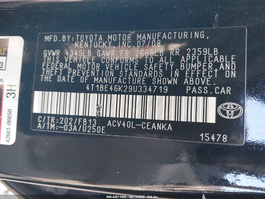 2009 Toyota Camry Le VIN: 4T1BE46K29U334719 Lot: 42911006