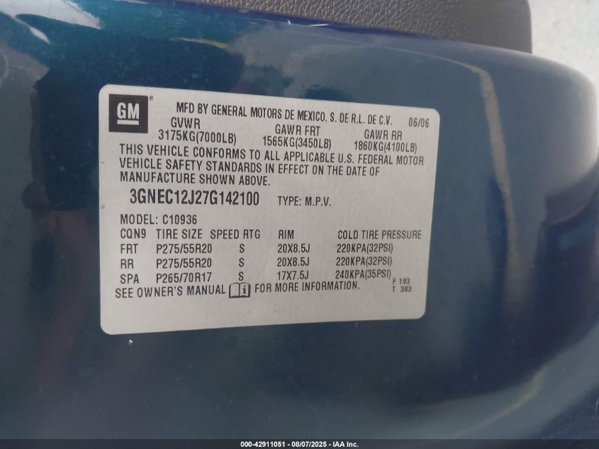 2007 Chevrolet Avalanche 1500 Ltz VIN: 3GNEC12J27G142100 Lot: 42911051