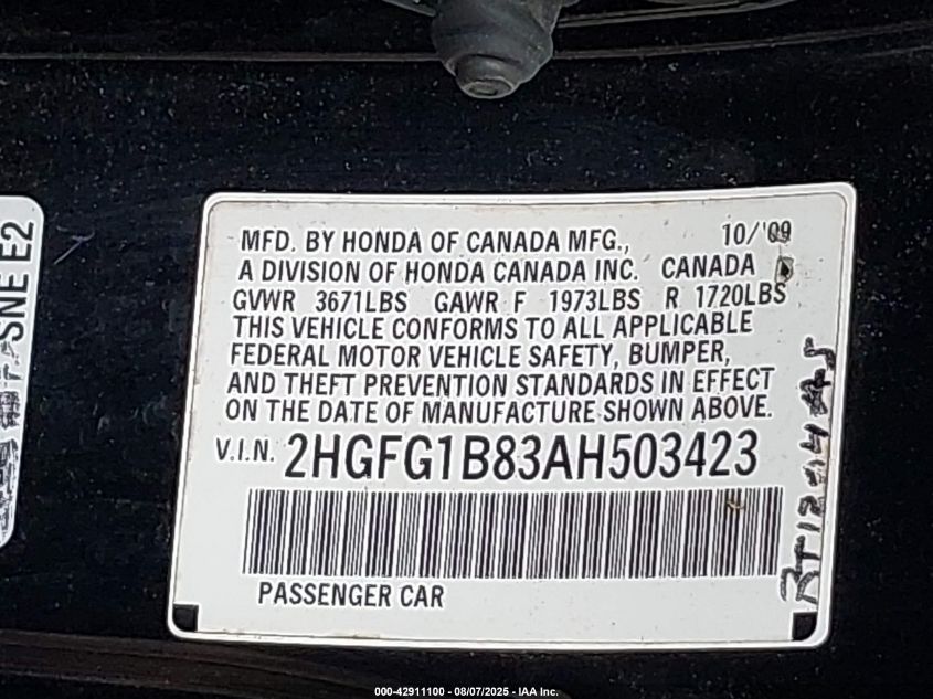 2010 Honda Civic Ex VIN: 2HGFG1B83AH503423 Lot: 42911100