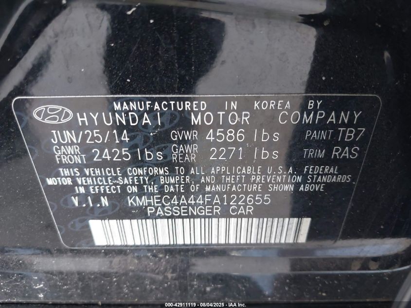 2015 Hyundai Sonata Hybrid Limited VIN: KMHEC4A44FA122655 Lot: 42911119