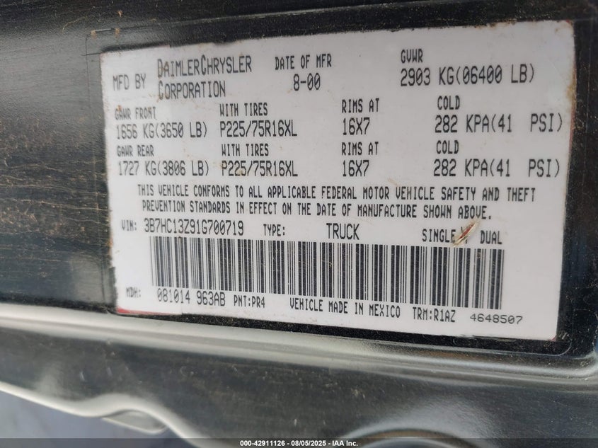 2001 Dodge Ram 1500 St VIN: 3B7HC13Z91G700719 Lot: 42911126