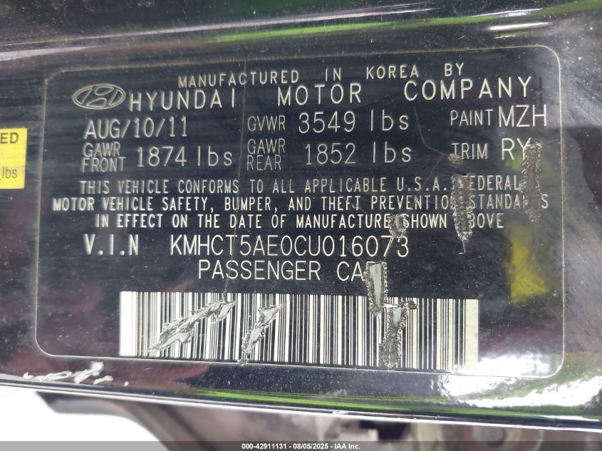 2012 Hyundai Accent Gs VIN: KMHCT5AE0CU016073 Lot: 42911131