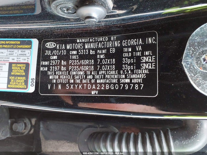 2011 Kia Sorento Lx V6 VIN: 5XYKTDA22BG079787 Lot: 42911236