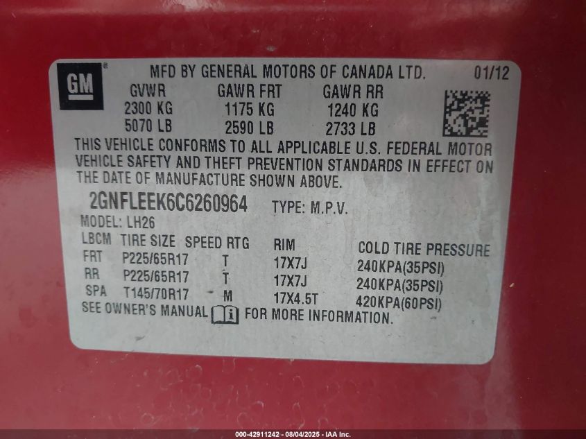 2012 Chevrolet Equinox 1Lt VIN: 2GNFLEEK6C6626096 Lot: 42911242