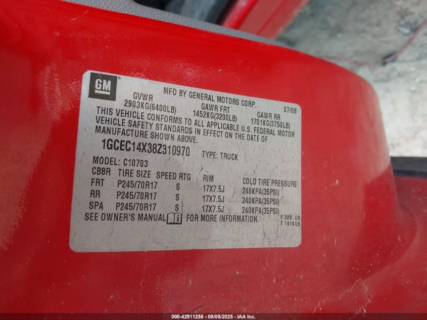 2008 Chevrolet Silverado 1500 Work Truck VIN: 1GCEC14X38Z310970 Lot: 42911258