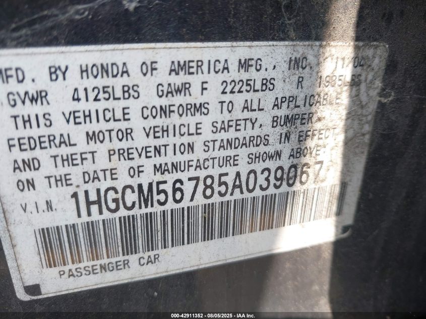 2005 Honda Accord 2.4 Ex VIN: 1HGCM56785A039067 Lot: 42911352