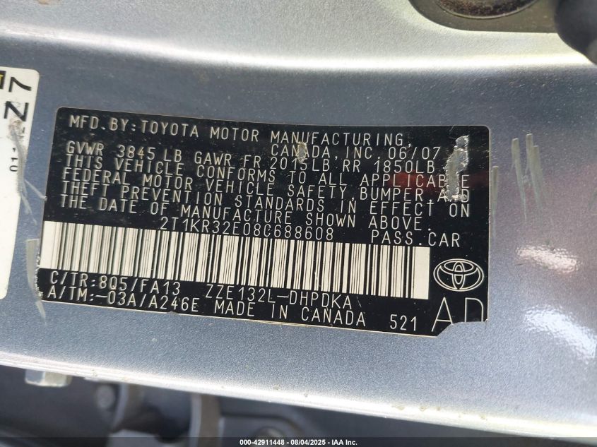 2008 Toyota Matrix VIN: 2T1KR32E08C688608 Lot: 42911448