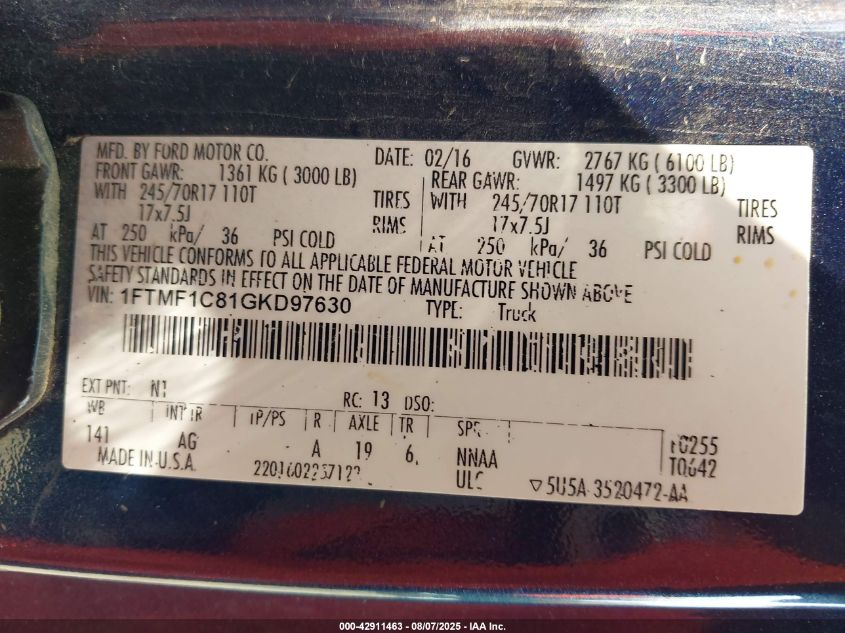 2016 Ford F-150 Xl VIN: 1FTMF1C81GKD97630 Lot: 42911463