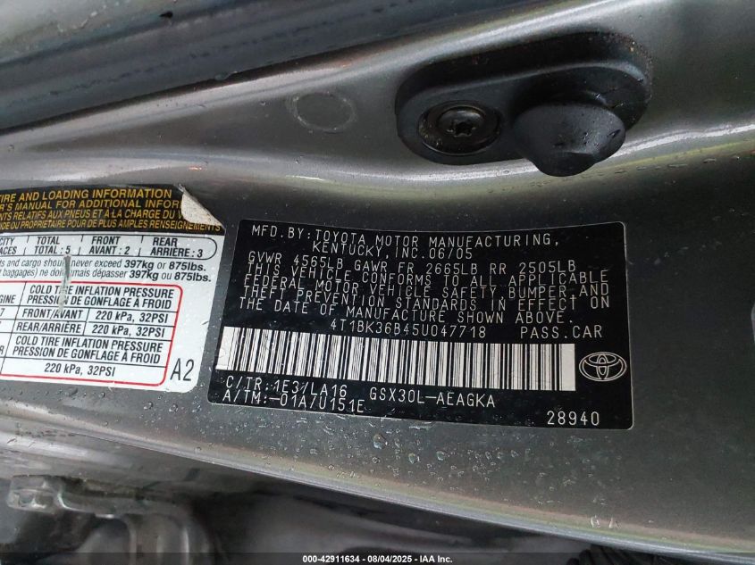 2005 Toyota Avalon Xls VIN: 4T1BK36B45U047718 Lot: 42911634