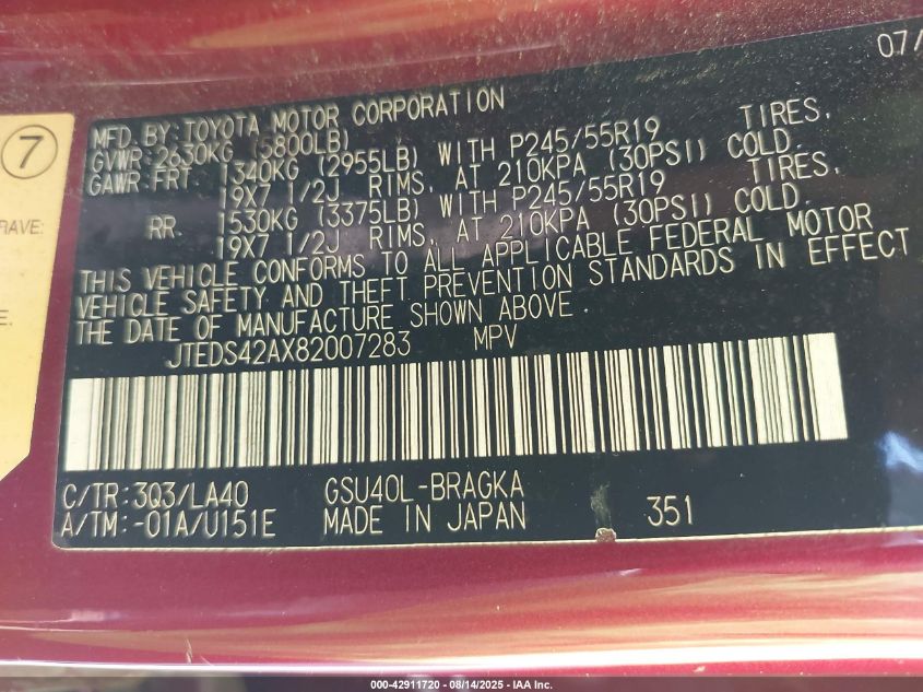 2008 Toyota Highlander Limited VIN: JTEDS42AX82007283 Lot: 42911720