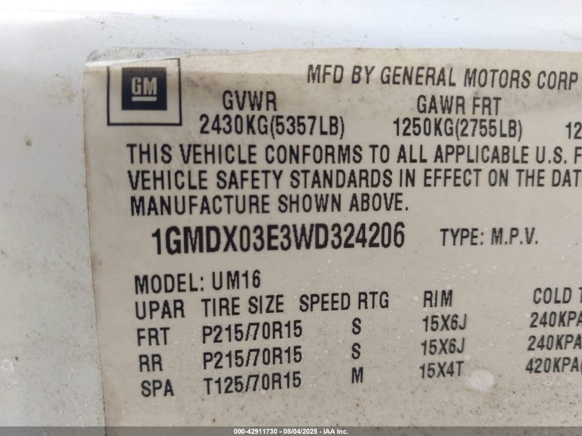 1998 Pontiac Trans Sport VIN: 1GMDX03E3WD324206 Lot: 42911730