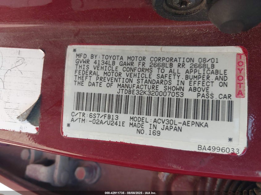 2002 Toyota Camry Le VIN: JTDBE32K320007053 Lot: 42911735