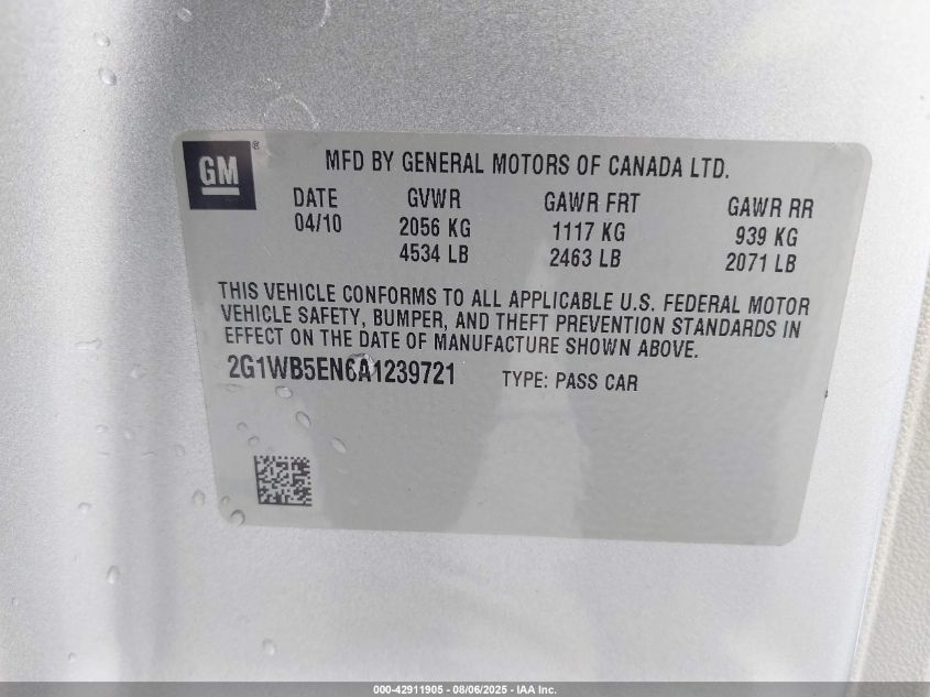 2010 Chevrolet Impala Lt VIN: 2G1WB5EN6A1239721 Lot: 42911905