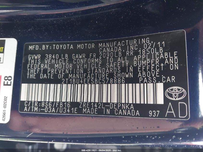 2011 Toyota Corolla Le VIN: 2T1BU4EE5BC578886 Lot: 42911921