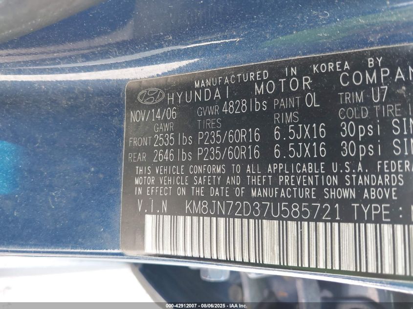 2007 Hyundai Tucson Limited/Se VIN: KM8JN72D37U585721 Lot: 42912007