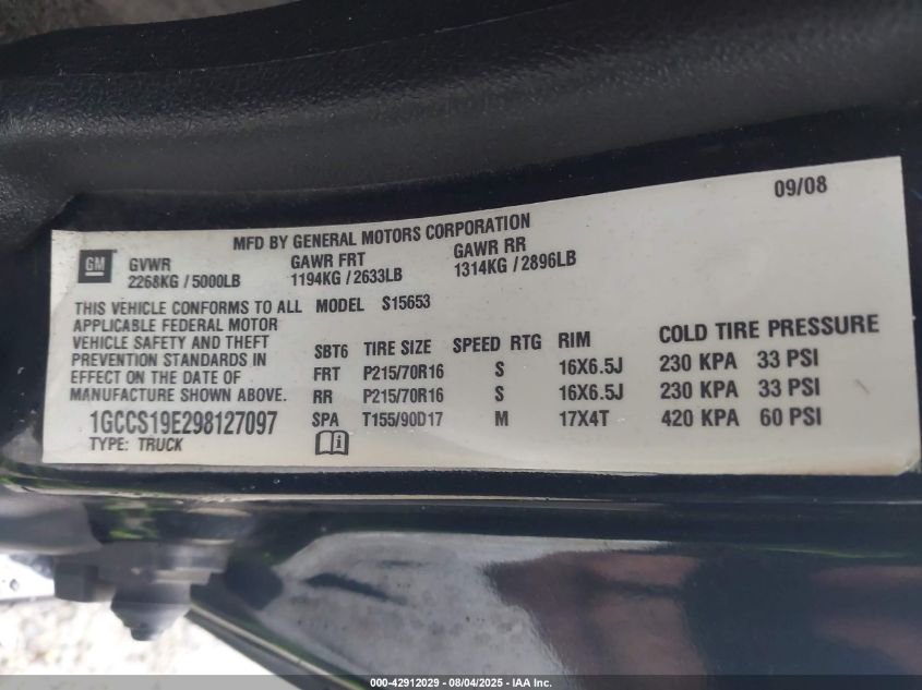 2009 Chevrolet Colorado Lt W/1Lt VIN: 1GCCS19E298127097 Lot: 42912029