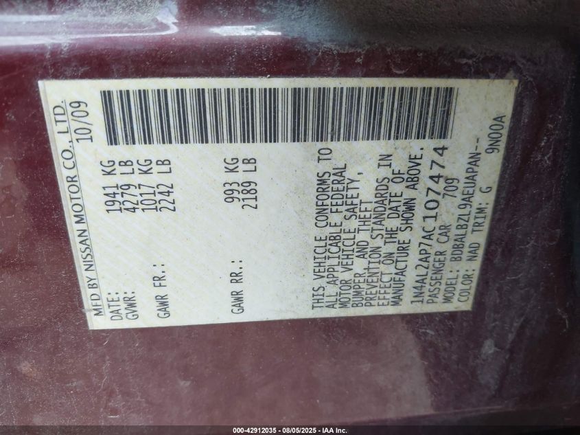 2010 Nissan Altima 2.5 S VIN: 1N4AL2AP7AC107474 Lot: 42912035