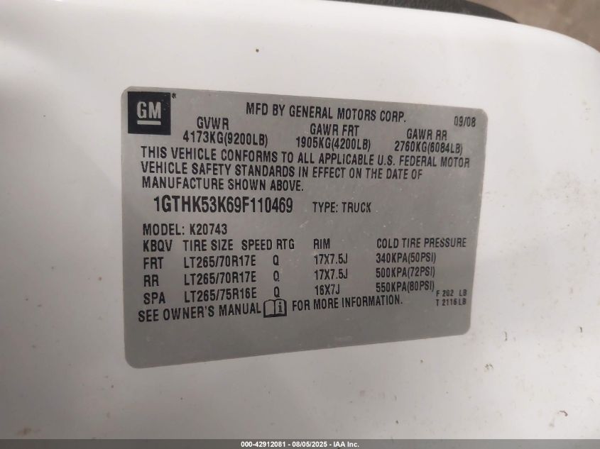 2009 GMC Sierra 2500Hd Sle VIN: 1GTHK53K69F110469 Lot: 42912081