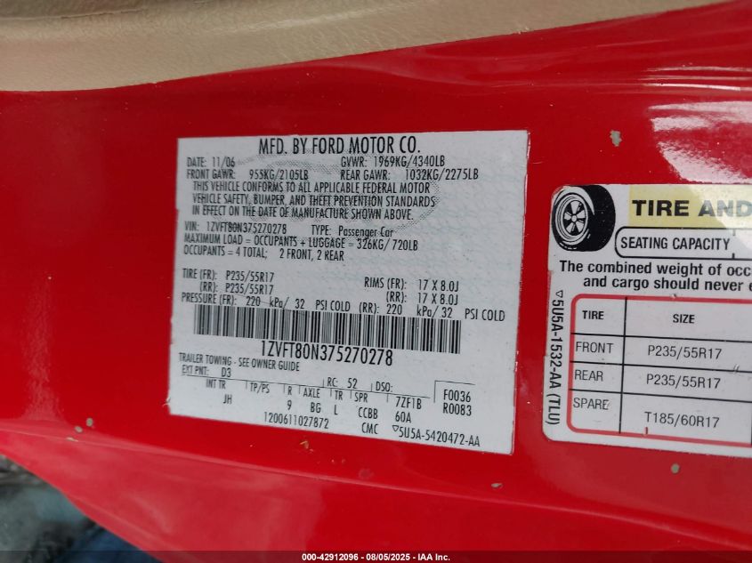 2007 Ford Mustang V6 Deluxe/V6 Premium VIN: 1ZVFT80N375270278 Lot: 42912096