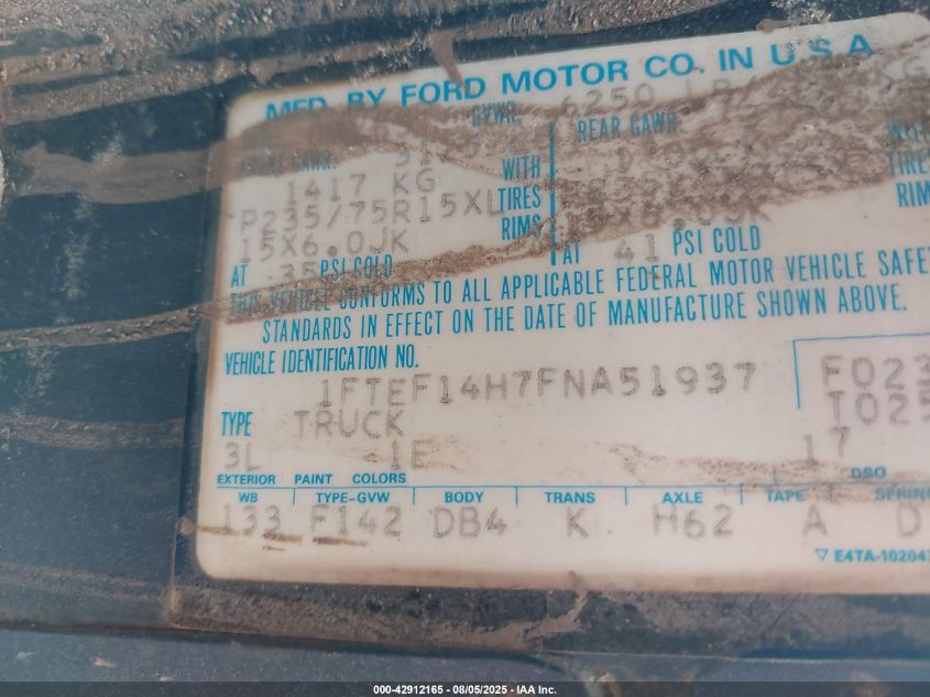 1985 Ford F150 VIN: 1FTEF14H7FNA51937 Lot: 42912165