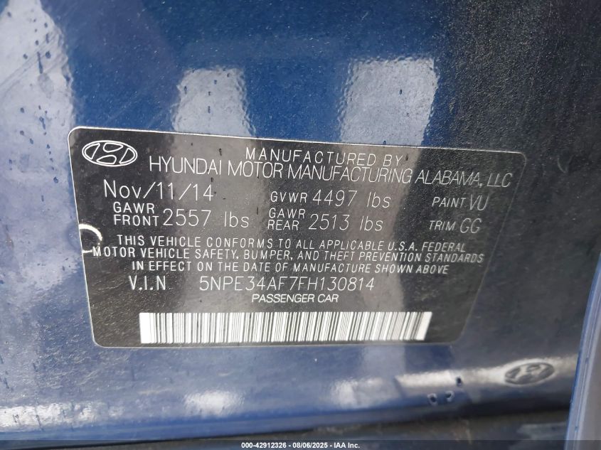 2015 Hyundai Sonata Limited VIN: 5NPE34AF7FH130814 Lot: 42912326