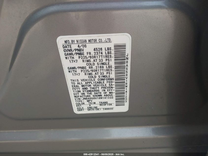 2008 Nissan Rogue Sl VIN: JN8AS58V18W141233 Lot: 42912341