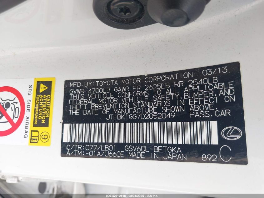 2013 Lexus Es 350 VIN: JTHBK1GG6D2070901 Lot: 42912418