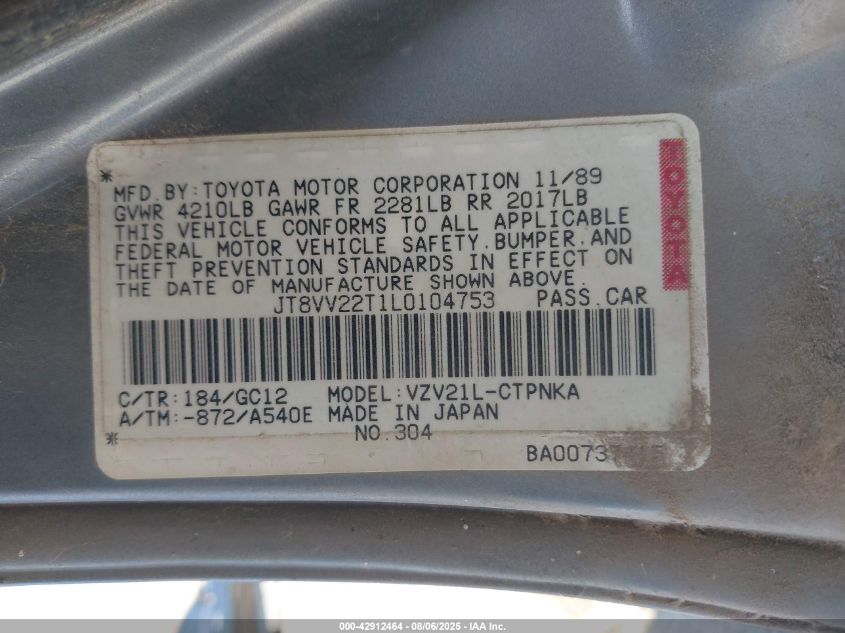 1990 Lexus Es 250/250 Se-R VIN: JT8VV22T1L0104753 Lot: 42912464