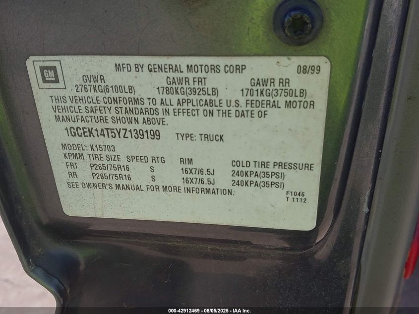 2000 Chevrolet Silverado 1500 Ls VIN: 1GCEK14T5YZ139199 Lot: 42912469