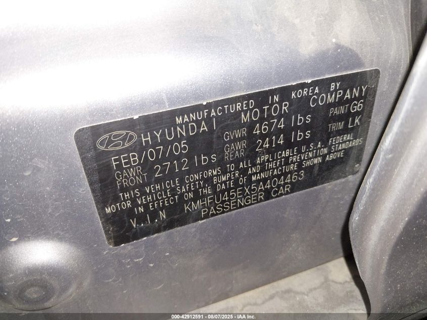 2005 Hyundai Xg350 L VIN: KMHFU45EX5A404463 Lot: 42912591