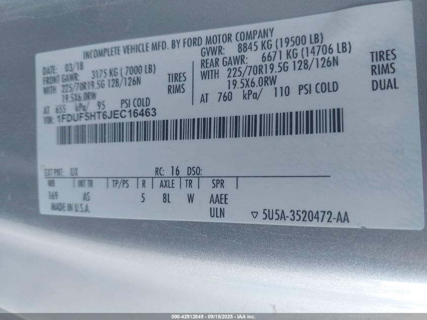 2018 Ford F-550 Chassis Xl VIN: 1FDUF5HT6JEC16463 Lot: 42912849