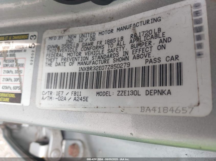 2007 Toyota Corolla Le VIN: 1NXBR32E07Z850279 Lot: 42912894