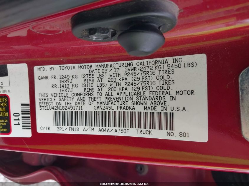 2008 Toyota Tacoma Base V6 VIN: 5TELU42N18Z491711 Lot: 42912932