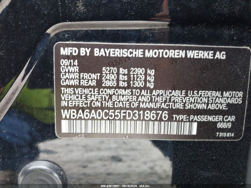 2015 BMW 640I Gran Coupe VIN: WBA6A0C55FD318676 Lot: 42912951