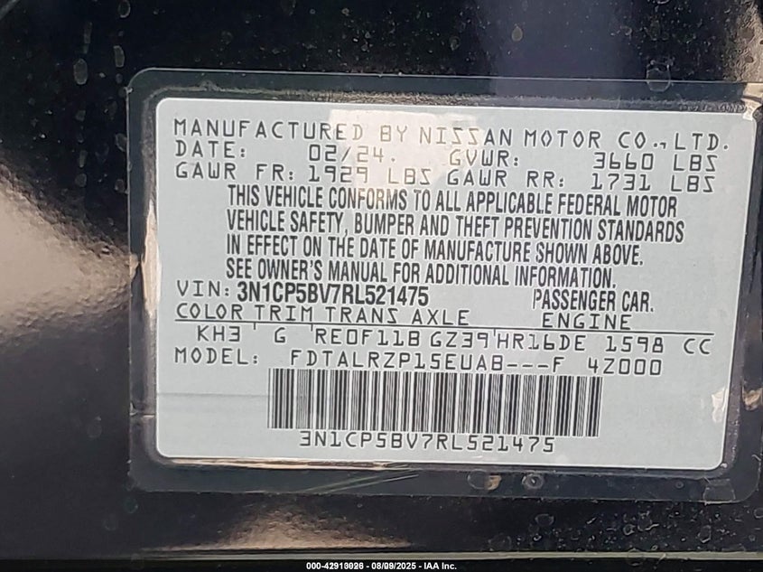 2024 Nissan Kicks S Xtronic Cvt VIN: 3N1CP5BV7RL521475 Lot: 42913026