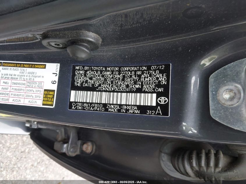 2012 Toyota Prius Plug-In VIN: JTDKN3DP3C3024119 Lot: 42913063