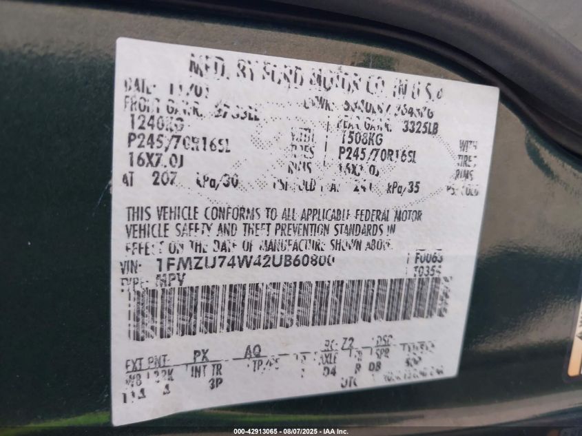 2002 Ford Explorer Eddie Bauer VIN: 1FMZU74W42UB60800 Lot: 42913065