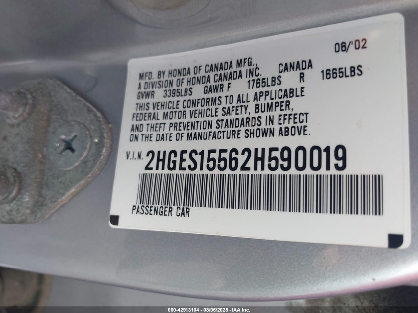2002 Honda Civic Lx VIN: 2HGES15562H590019 Lot: 42913104
